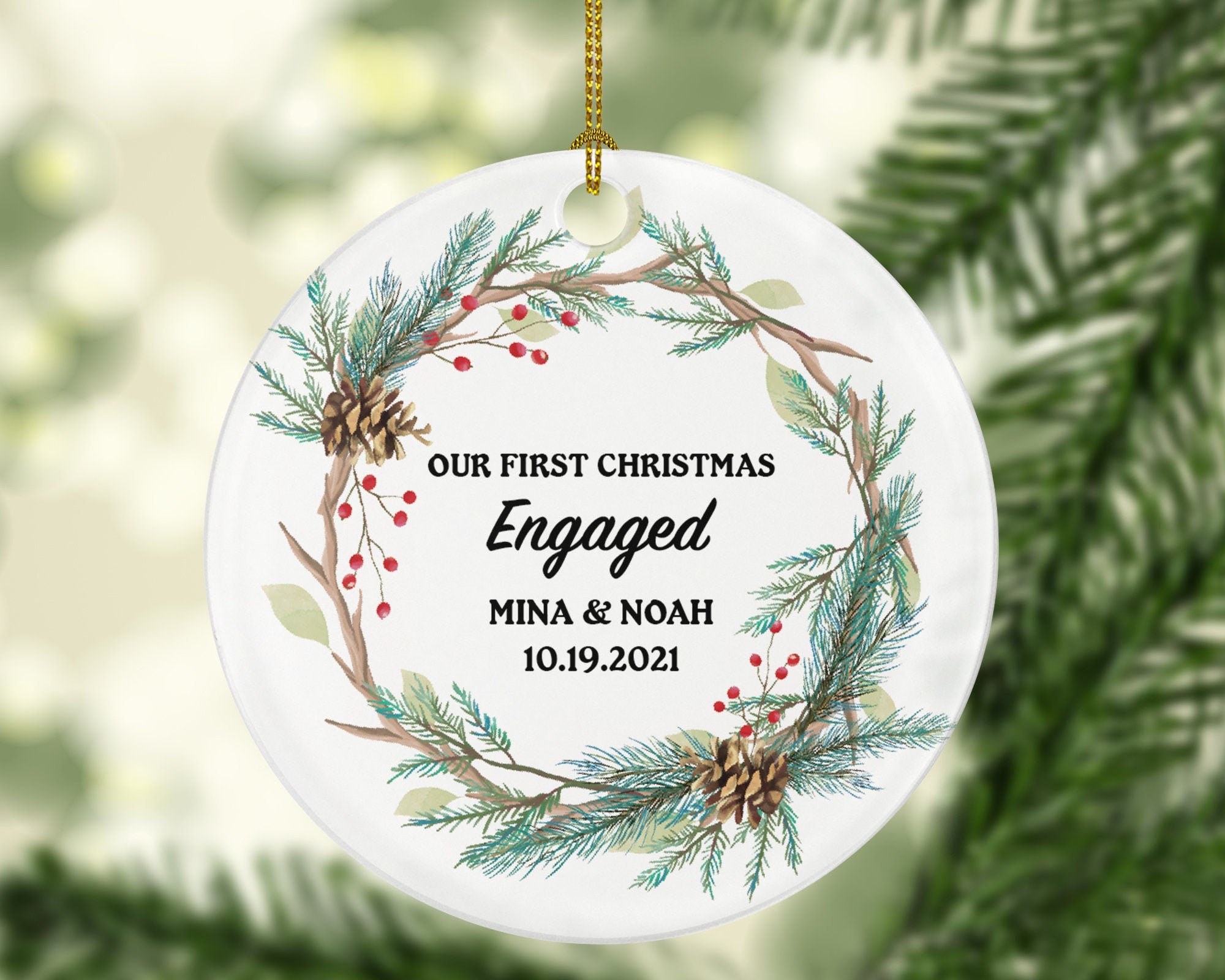 First Christmas Engaged Personalized Ornament - Engagement Announcement Couple Gift - Custom Rustic Wood Christmas Frame Farmhouse