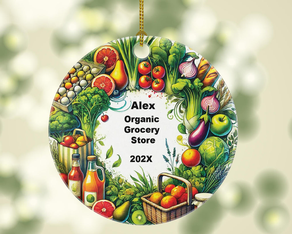 Personalized Organic Grocery Store Ornament – Custom Shop Owner Gift – Farmer’s Market and Healthy Food Ornament with Name and Year