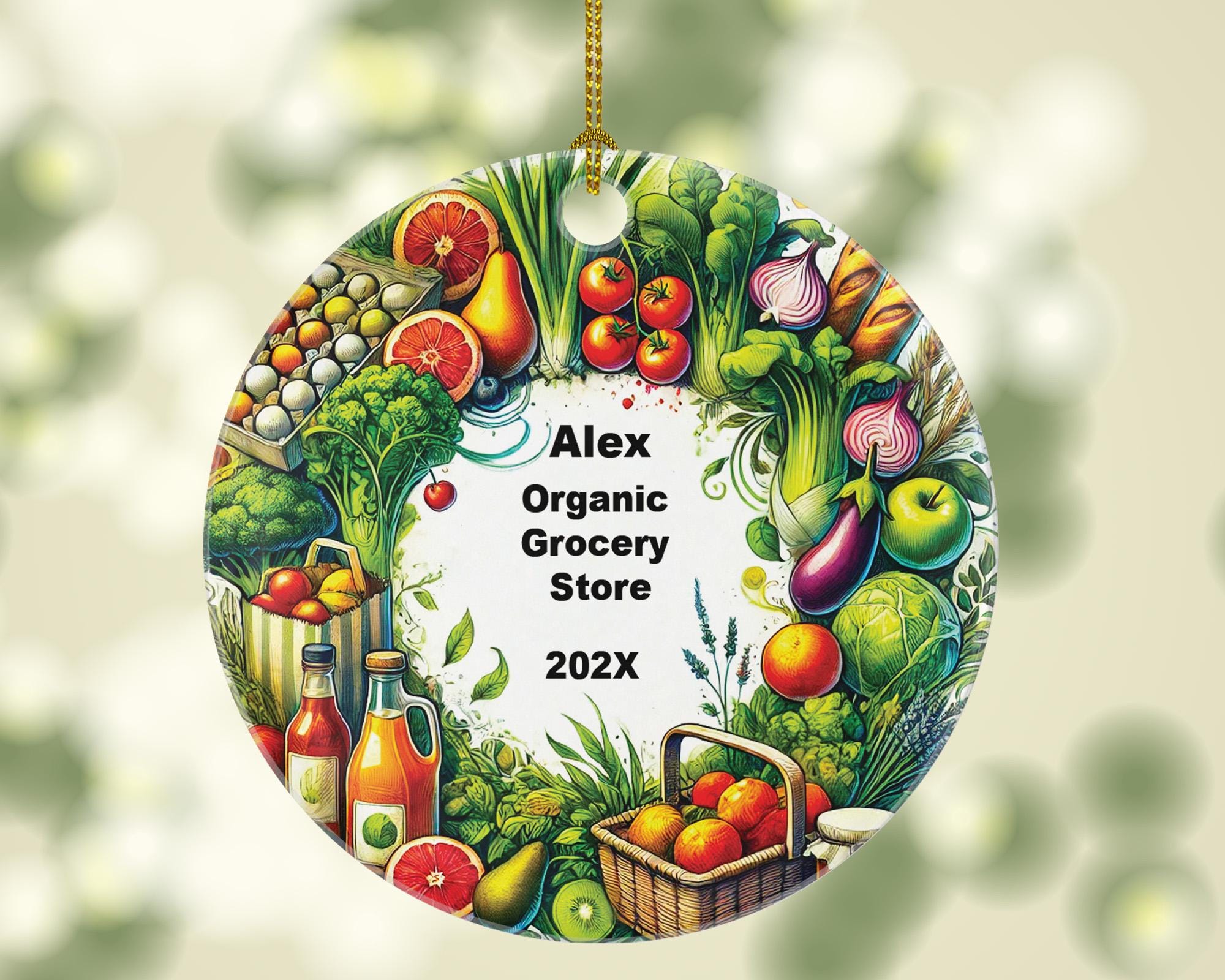 Personalized Organic Grocery Store Ornament – Custom Shop Owner Gift – Farmer’s Market and Healthy Food Ornament with Name and Year
