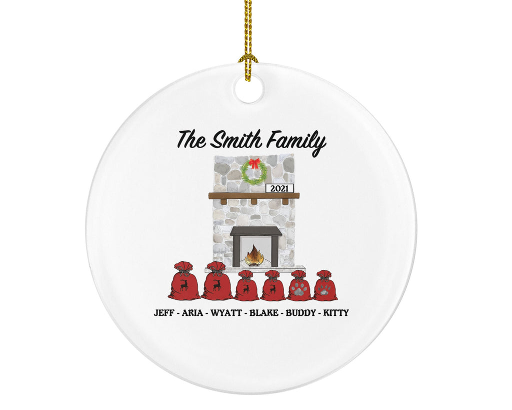 Family Personalized Christmas Ornament - Holiday Gift Custom Names Family of 2 3 4 5 6 - Pet Cat Dog Family - Fireplace Santa Sacks