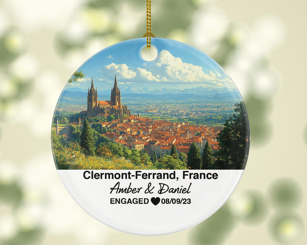 Personalized Clermont-Ferrand France Christmas Ornament, Puy de Dôme, Mr & Mrs Wedding, Engagement, or Honeymoon Keepsake for Couples
