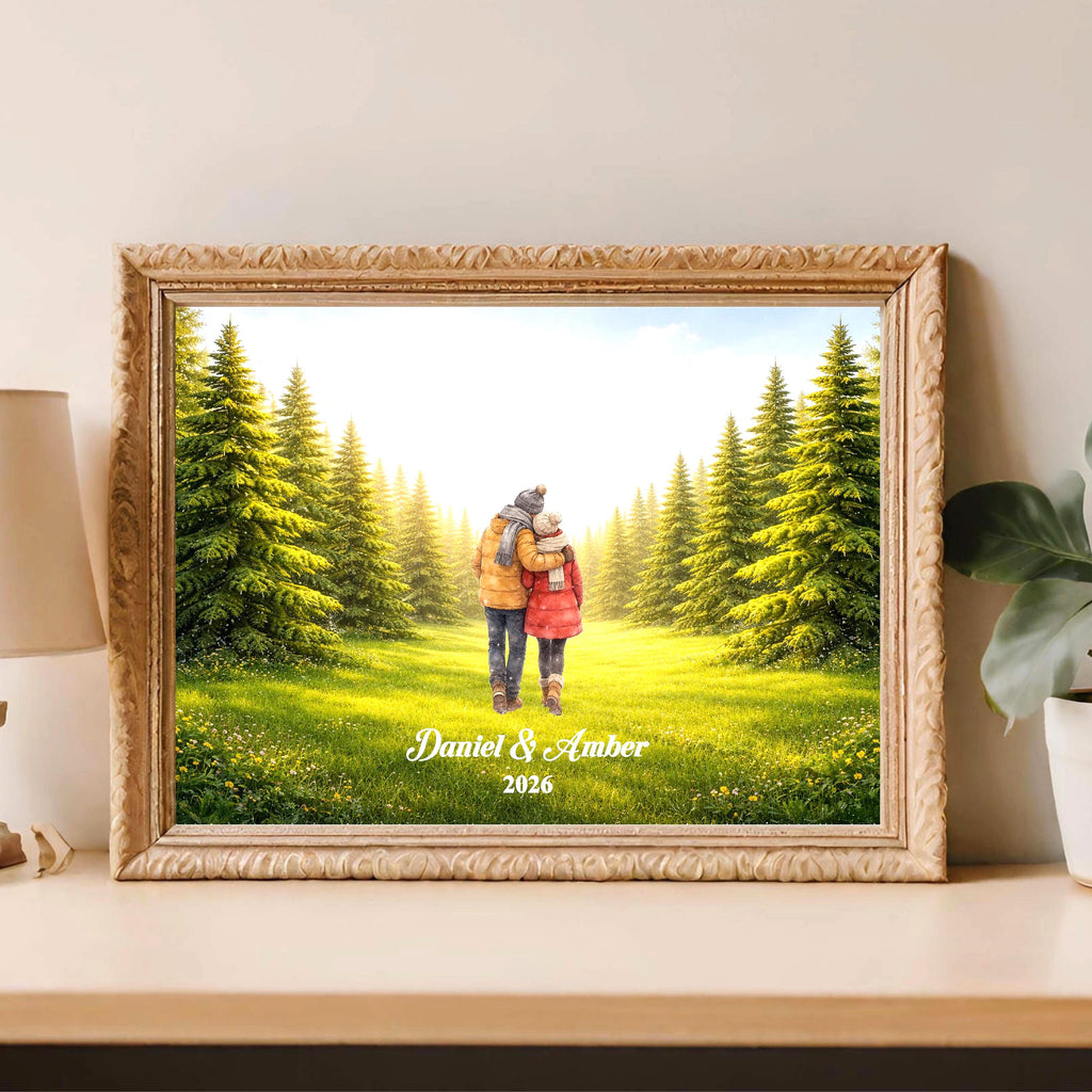 Custom Couple in Forest Wall Art | Green Nature Landscape Print for Engaged, Married, Mr & Mrs, Anniversary | Aluminum Metal Print