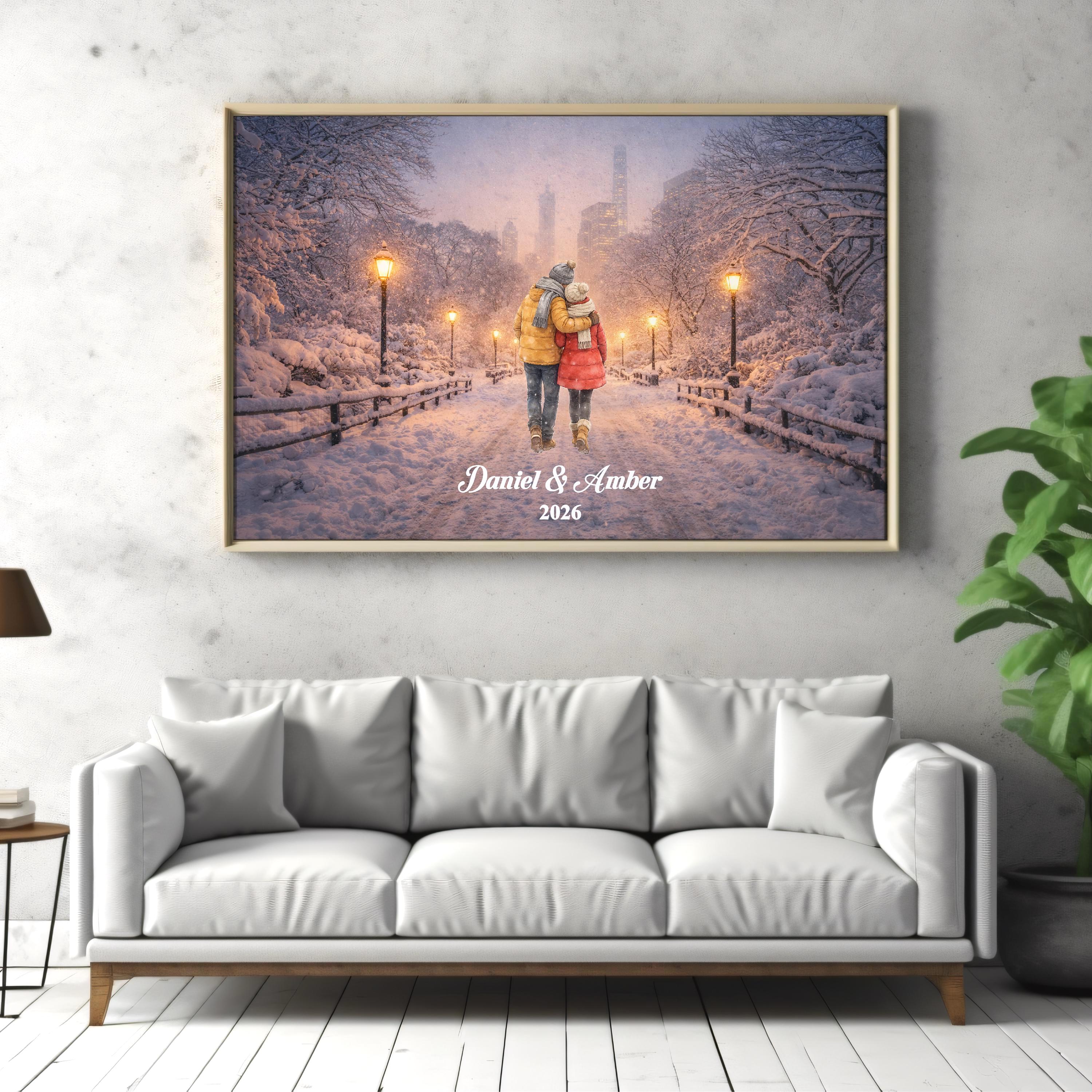 New York City Couple Custom Wall Art | Snowy NYC Scene for Engaged, Married, Mr & Mrs, Anniversary, Travel, Honeymoon | Aluminum Metal Print