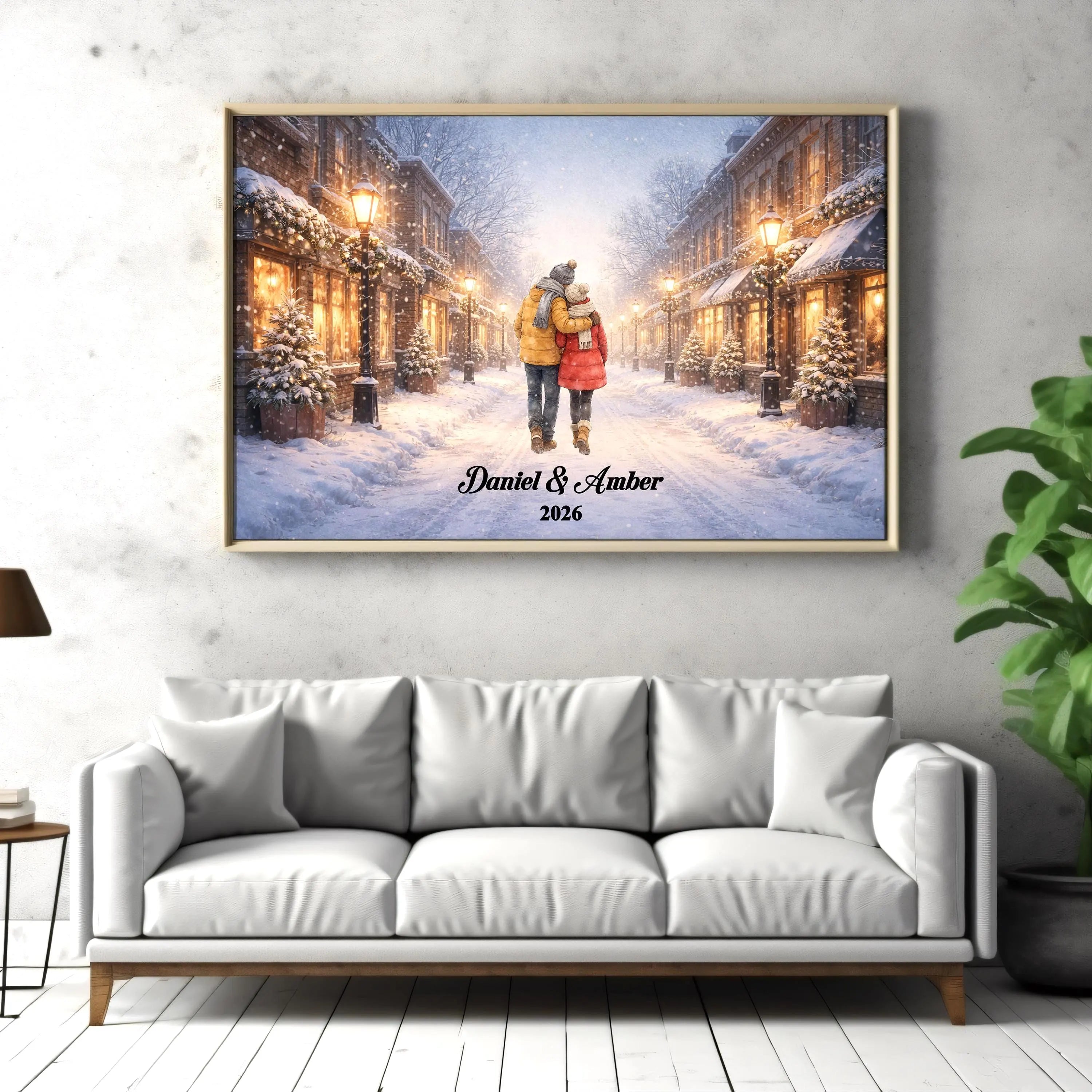 Custom Couple in Snowy City Wall Art | Winter Wall Art for Engaged, Married, Mr & Mrs, Anniversary | Aluminum Metal Print