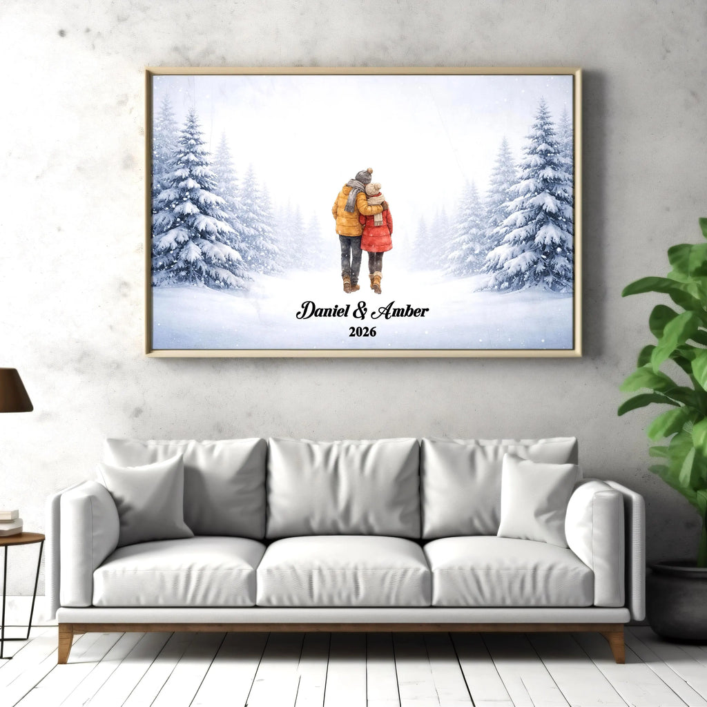 Personalized Couple in Snowy Scene Wall Art | Winter Landscape Print for Engaged, Married, Mr & Mrs, Anniversary | Aluminum Metal Print