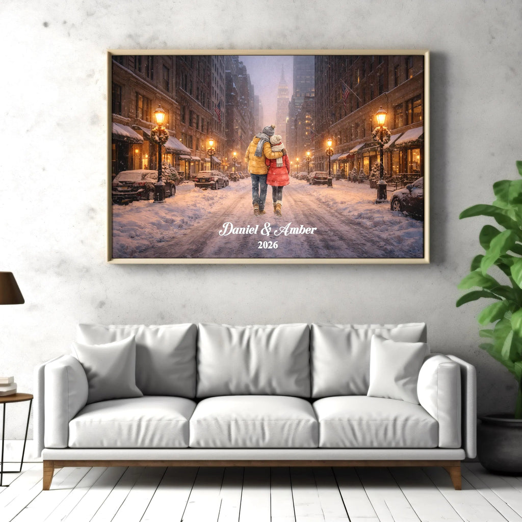 Custom New York City Couple Wall Art | Snowy NYC Scene for Engaged, Married, Mr & Mrs, Anniversary, Travel, Honeymoon | Aluminum Metal Print