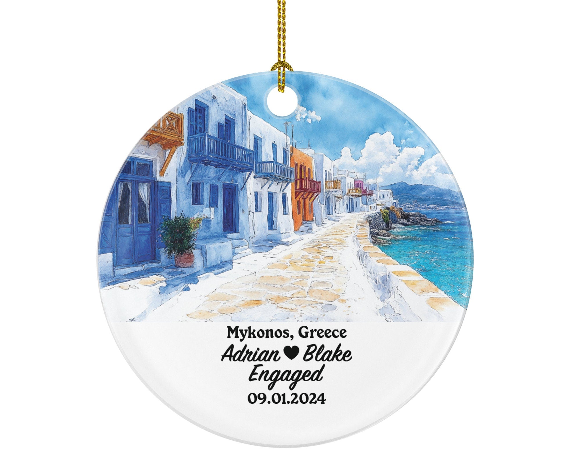 Mykonos Christmas Ornament Personalized - Greece Engaged Married Family Together Couple Travel Honeymoon Engagement Marriage