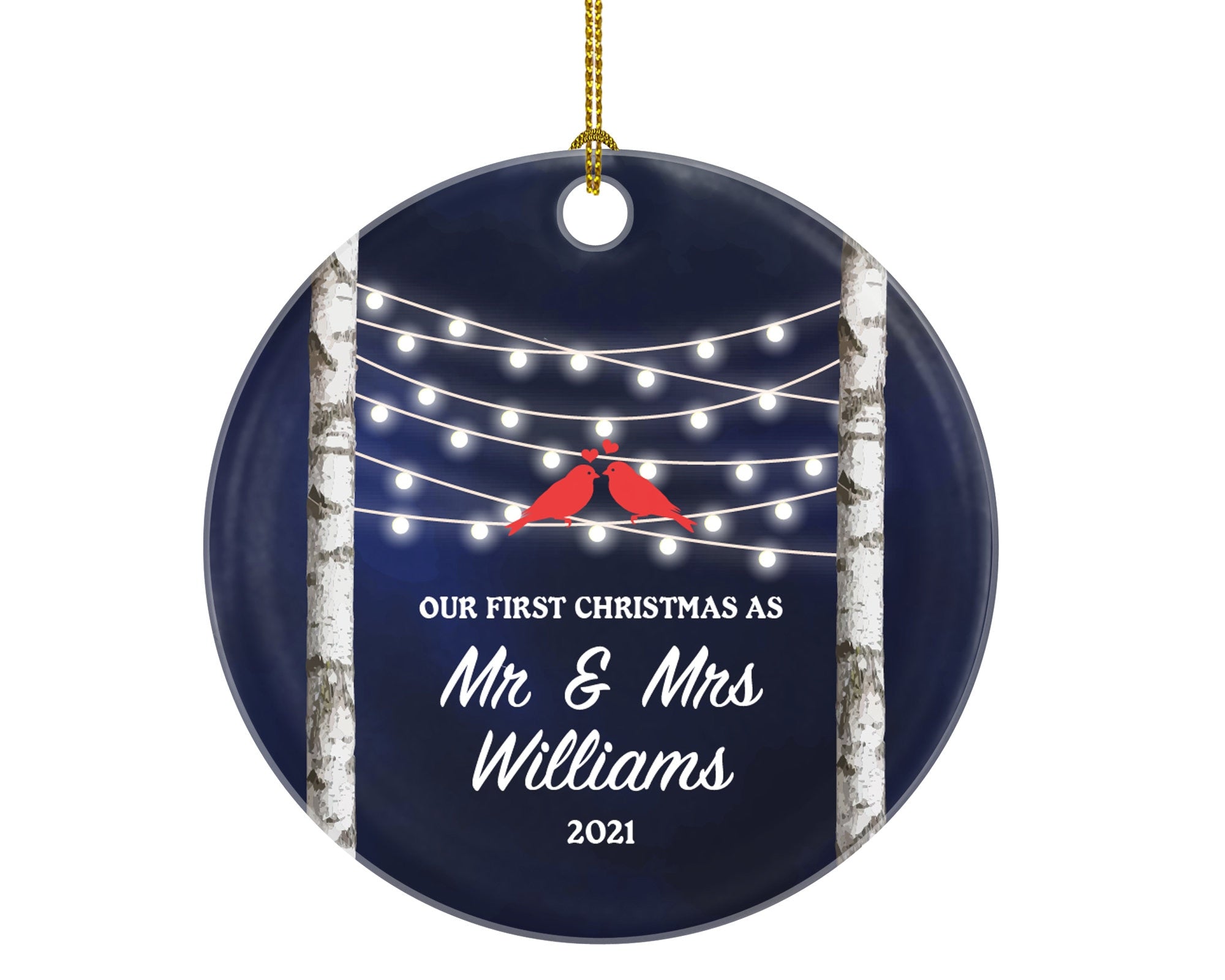 Our First Christmas as Mr & Mrs Couple Personalized Ornament - Newlywed Mr. and Mrs. Wedding Birds Couple Just Married Marriage Gift