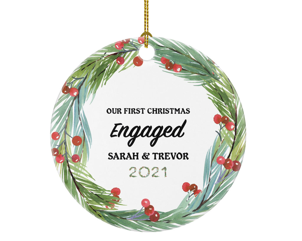 First Christmas Engaged Personalized Ornament - Engagement Announcement Couple Gift - Greenery