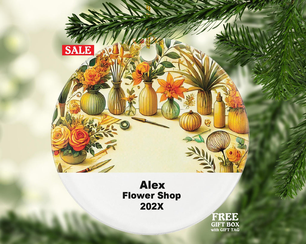 Personalized Flower Shop Ornament – Custom Florist Gift – Floral Business Ornament with Name and Year
