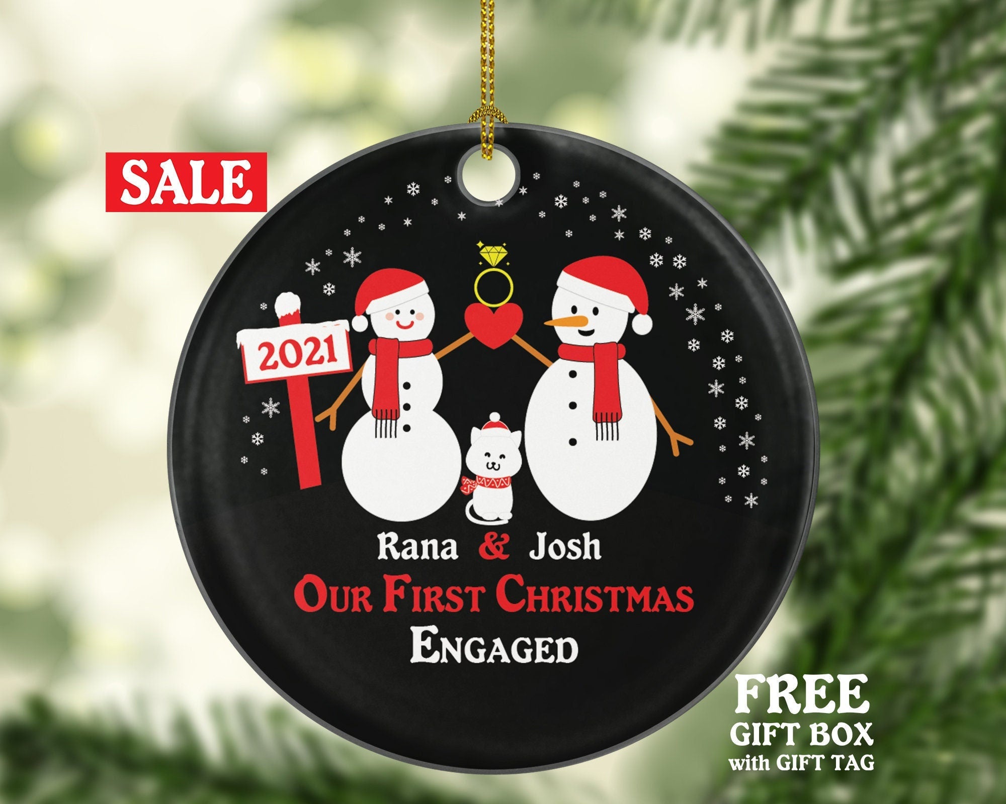 Personalized Engaged Ornament with Cat Pet Fur Family Dad Mom Owner Lover Engagement Ring Snowmen She Said Yes Couple Our First Christmas