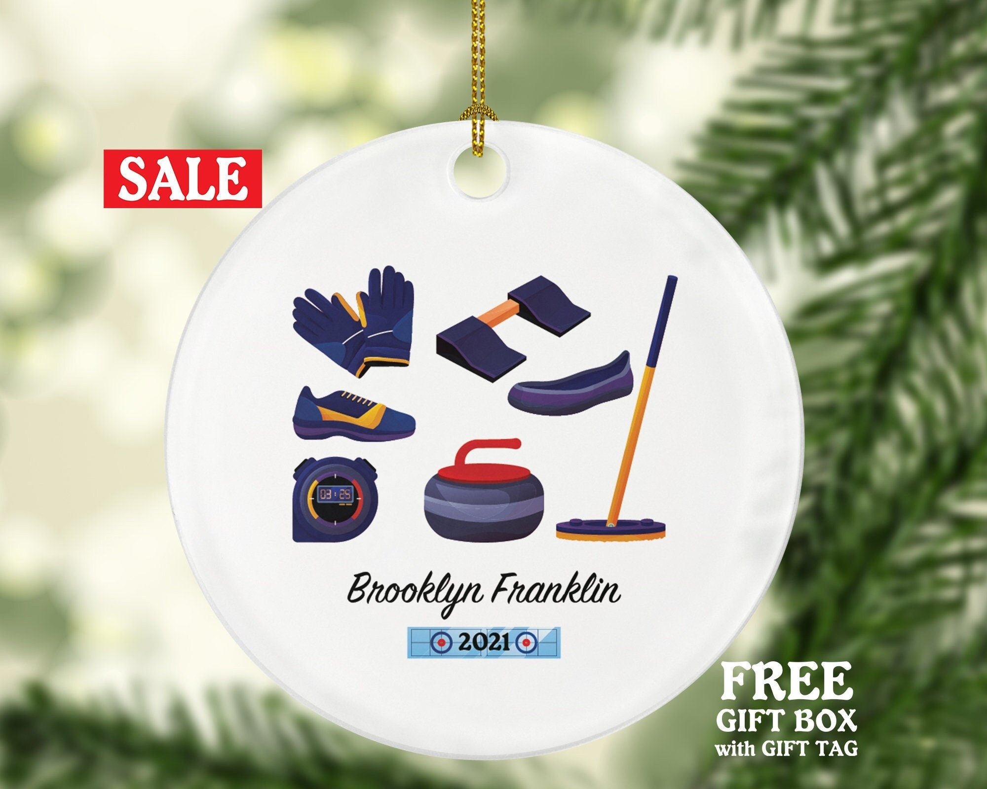 Curling Christmas Ornament Personalized, Gift for Curler Curling Equipment Stone