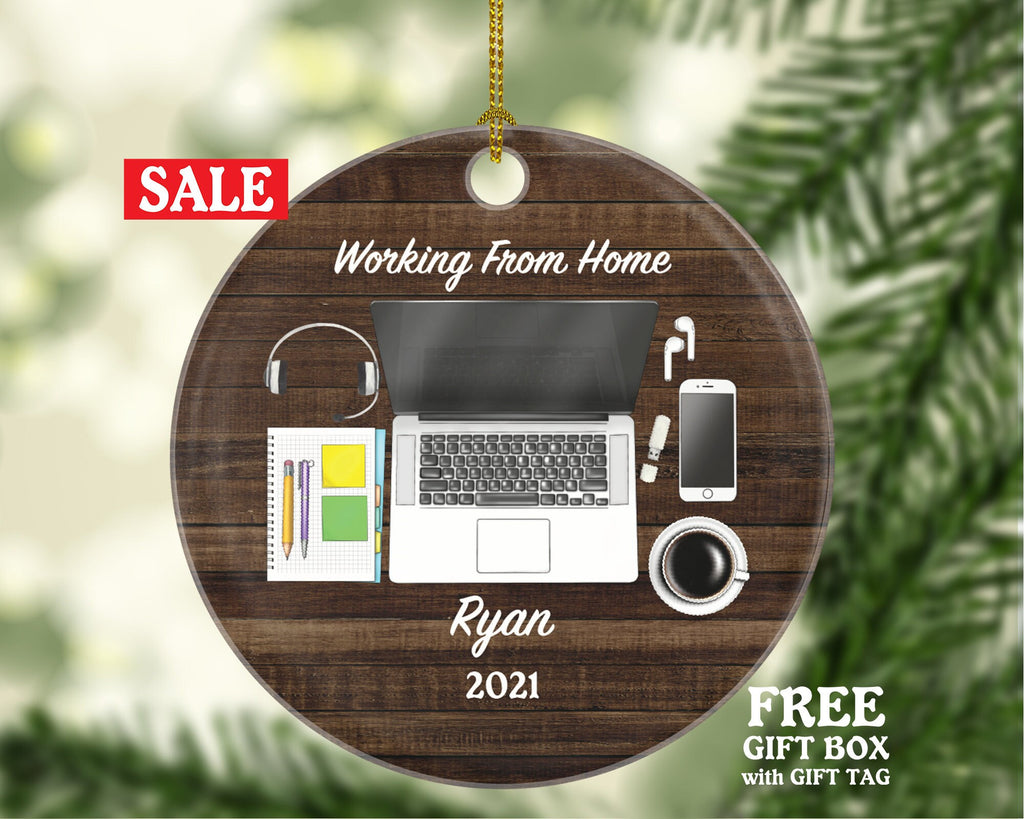 Working From Home Christmas Ornament - Personalized Laptop Computer Work Distance Studying Custom Name