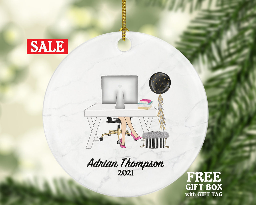 Working From Home Female Christmas Ornament - Personalized Laptop Computer Work Distance Studying Custom Name