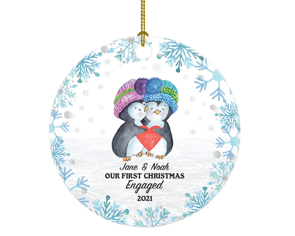 Our First Christmas Engaged Ornament - Personalized Engagement Announcement - Penguin Couple Gift - Custom Date and Name