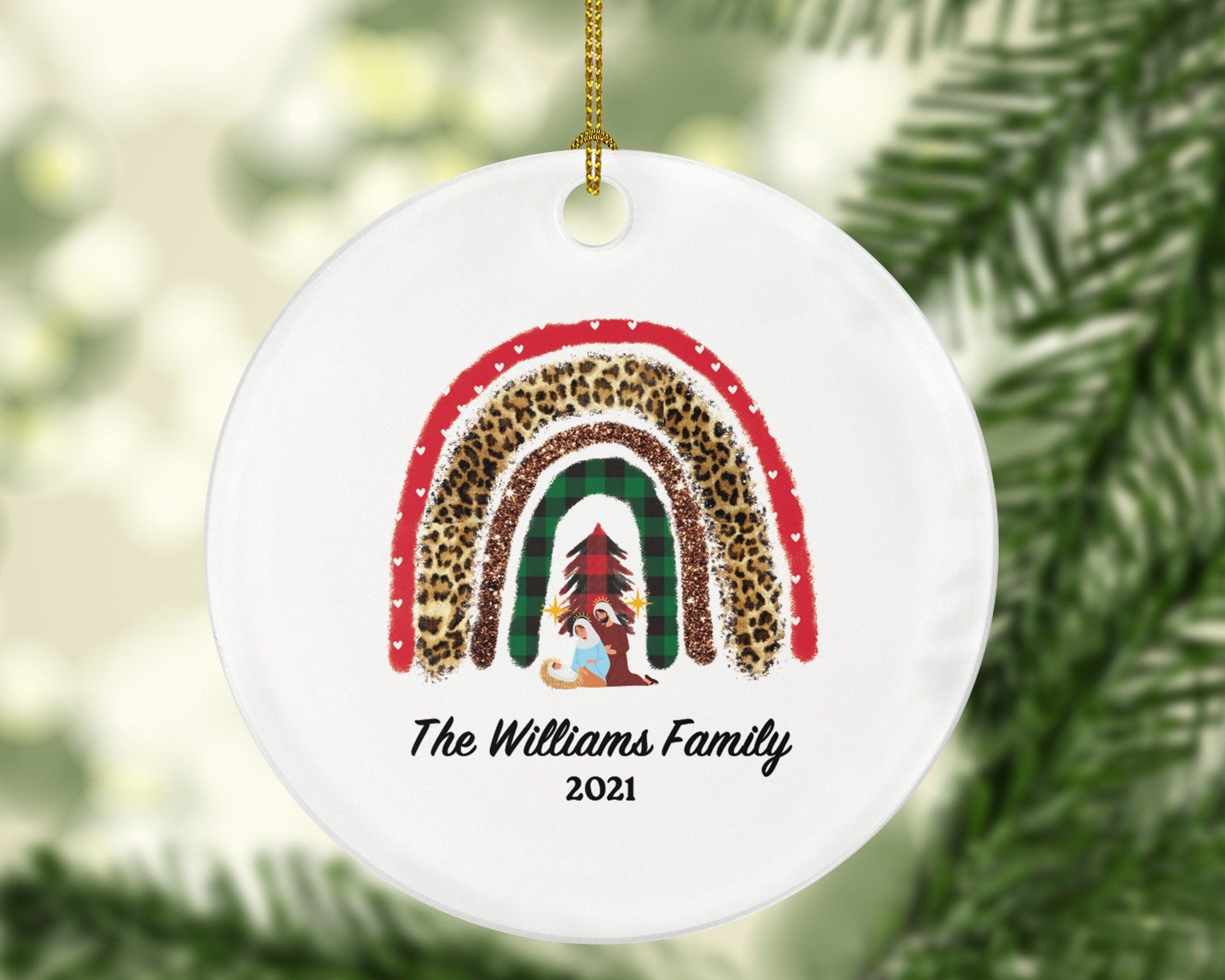 Nativity Scene with Rainbow Christmas Ornament Personalized - Custom Family Gift - Baby Jesus Ornament - Manger