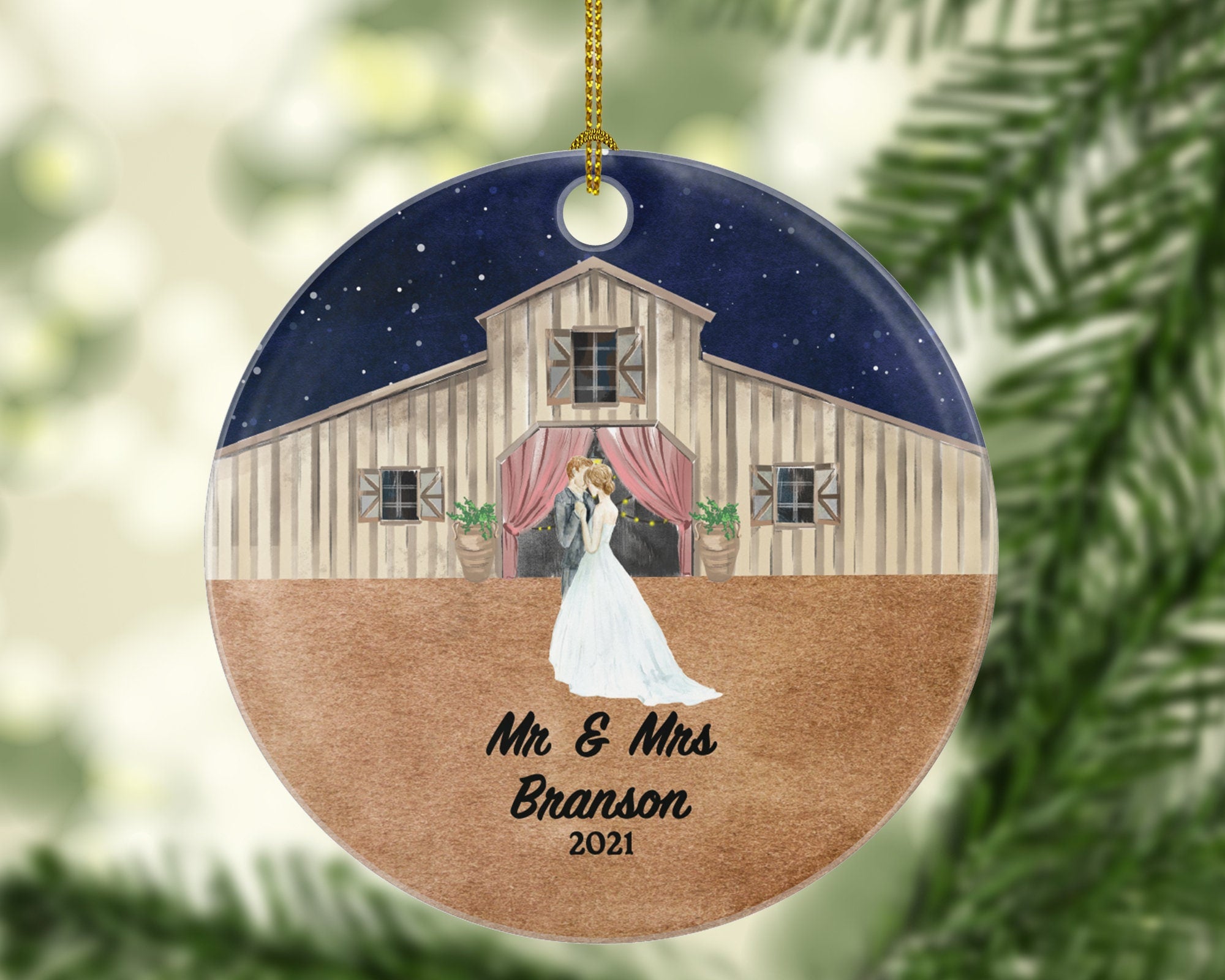 First Christmas as Mr & Mrs Married Couple Christmas Ornament Personalized - Newlywed Mr. and Mrs. Gift - Rustic Barn Wedding