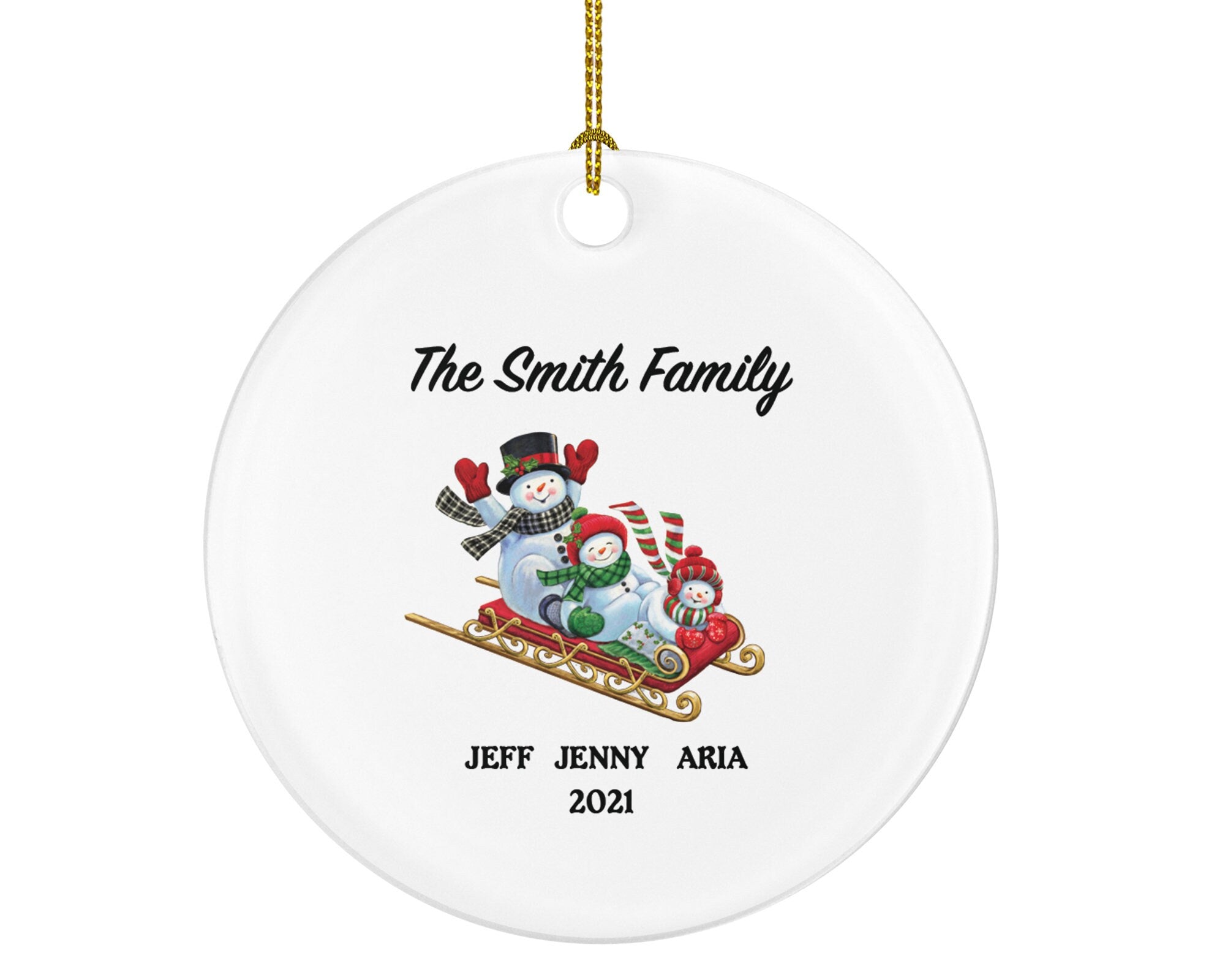 Family of 3 Christmas Ornament Personalized - Parents Mother Father Child Girl Boy Mom Dad Gift - Snowmen Family in Sleigh