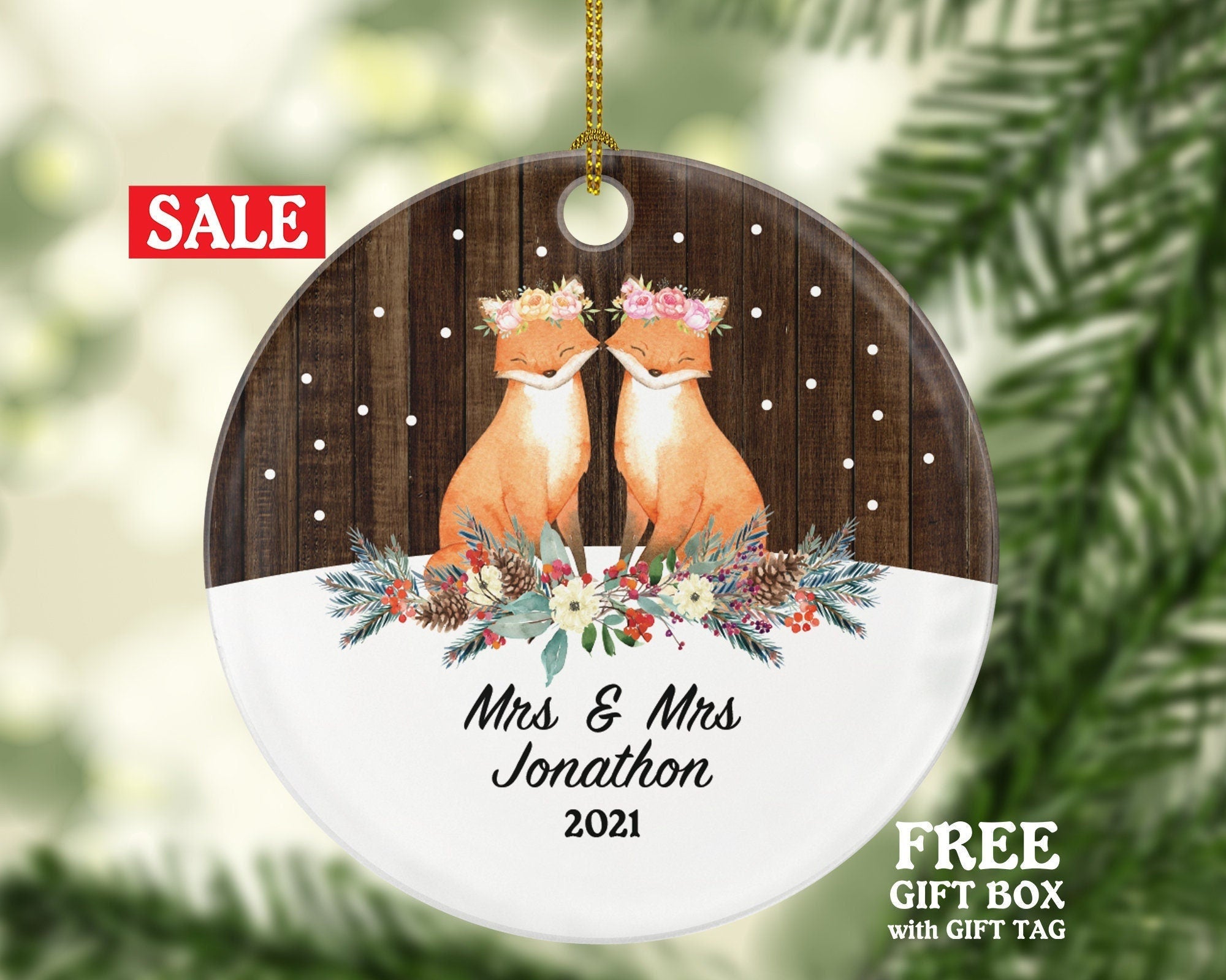 Personalized Gay Lesbian Couple Christmas Ornament Pride Fox LGBT - Lgbtq - Gay Pride - Love is Love - Love Wins Same Sex Marriage