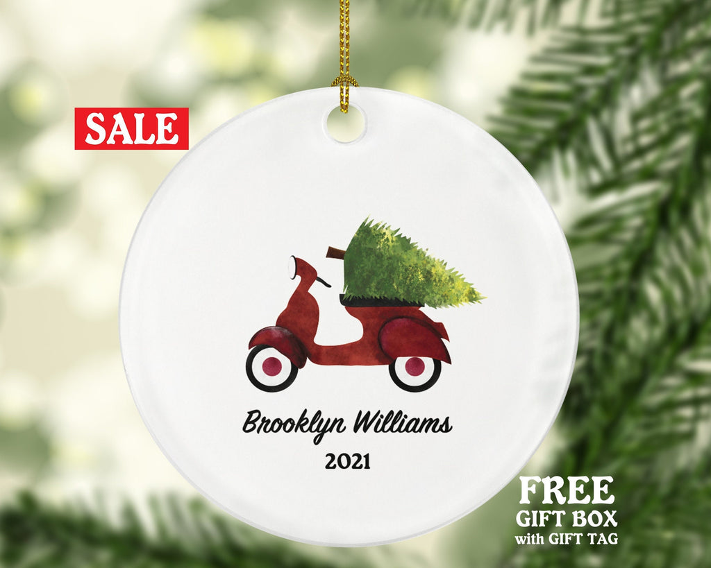 Red Moped Scooter Christmas Ornament Personalized - Riding Scooter Custom Gift - Delivery Moped Scooter with Tree