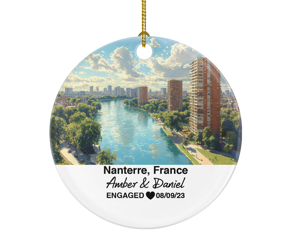 Personalized Nanterre France Christmas Ornament, La Défense Skyline, Seine, Mr & Mrs Wedding, Engagement, or Honeymoon Keepsake for Couples