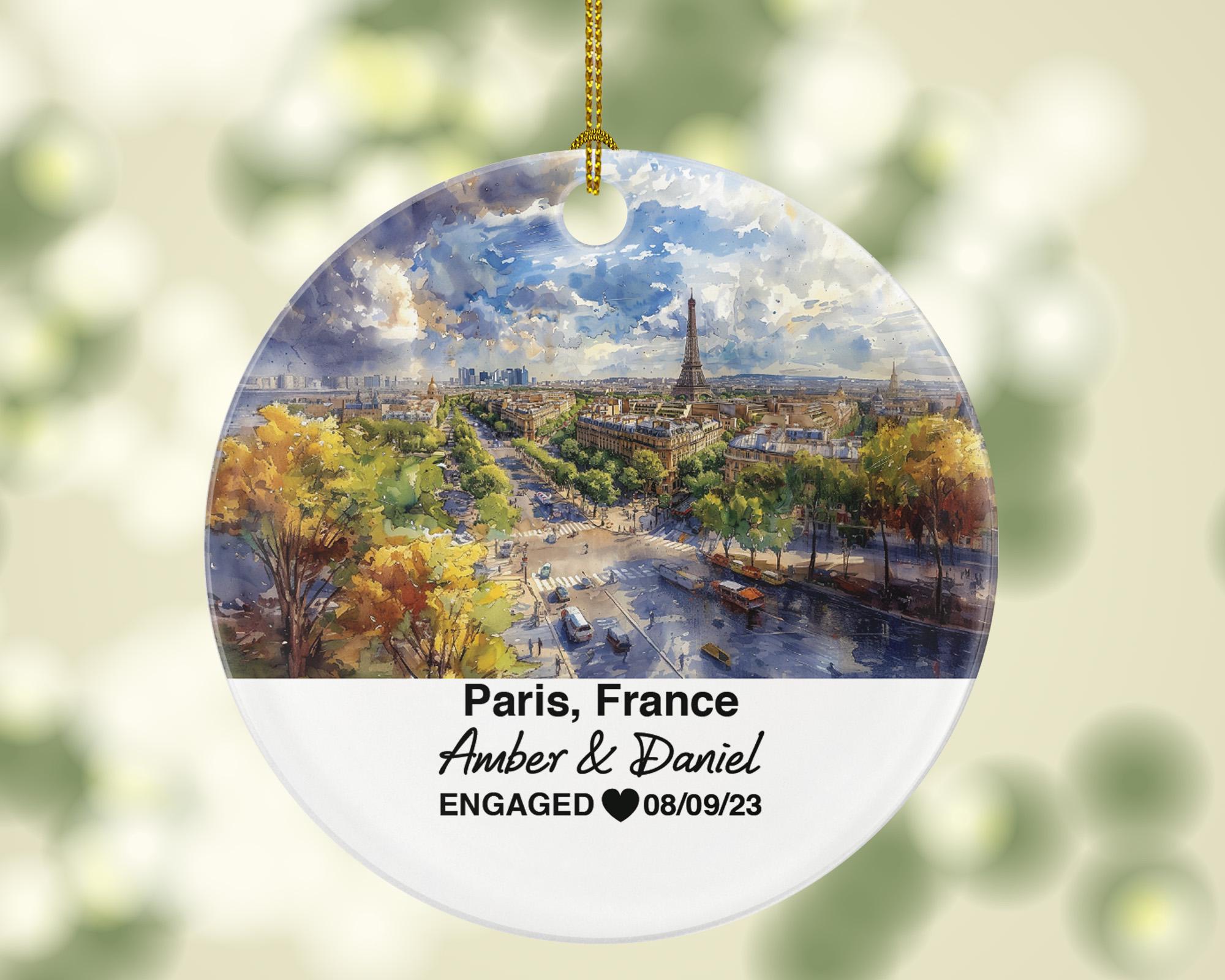 Personalized Paris France Round Ceramic Christmas Ornament – Personalized Holiday Keepsake, Custom Couple Gift for Wedding or Honeymoon
