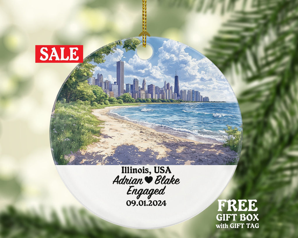Illinois Christmas Ornament Personalized - IL Engaged Married Family Together Couple Travel Honeymoon Engagement Marriage