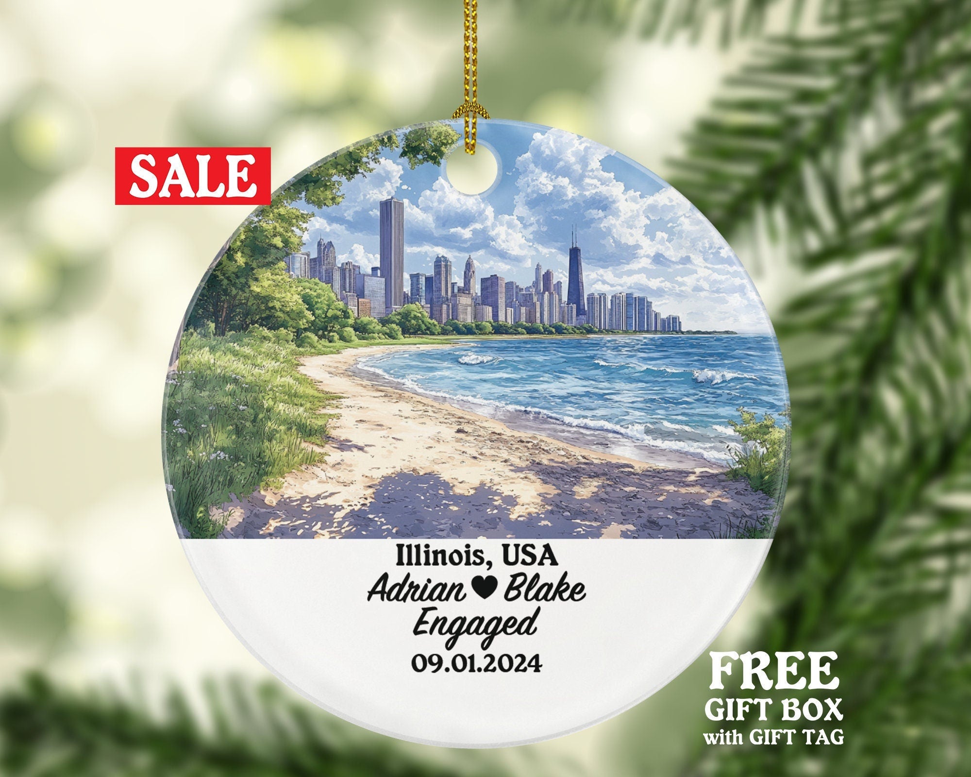 Illinois Christmas Ornament Personalized - IL Engaged Married Family Together Couple Travel Honeymoon Engagement Marriage