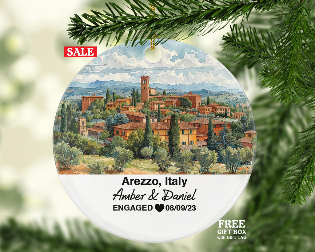 Personalized Arezzo Italy Christmas Ornament Medieval Towers, Piazza Grande, Mr & Mrs Wedding, Engagement, or Honeymoon Keepsake to Couples