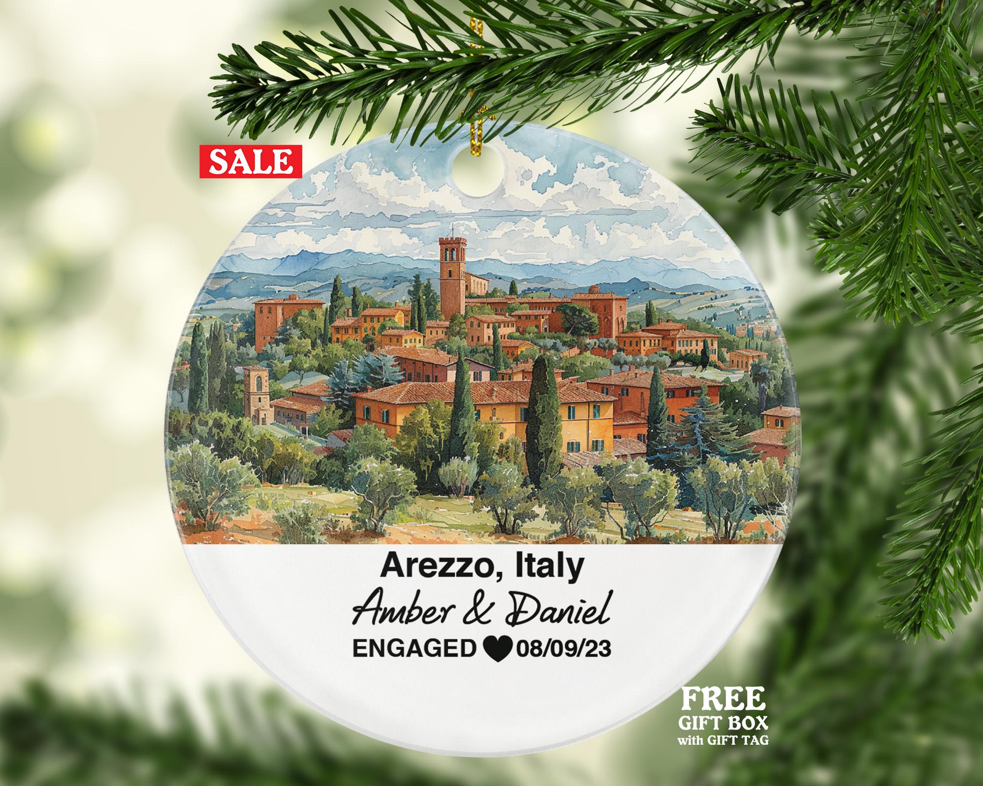 Personalized Arezzo Italy Christmas Ornament Medieval Towers, Piazza Grande, Mr & Mrs Wedding, Engagement, or Honeymoon Keepsake to Couples