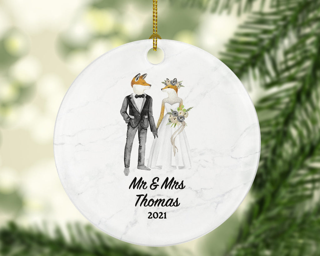 Mr & Mrs Married Couple Christmas Ornament Personalized - Fox Bride and Groom Newlywed Our First Christmas Gift