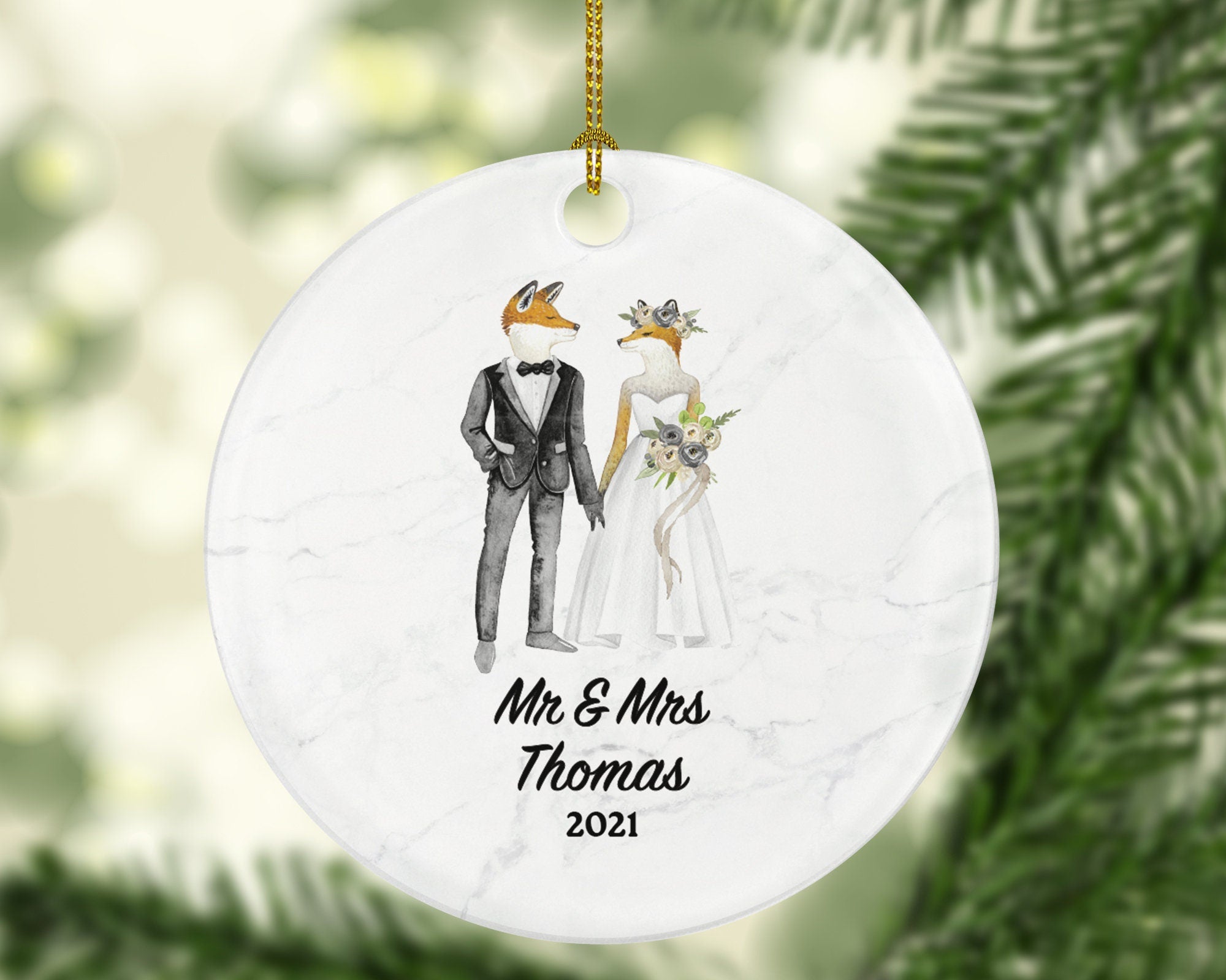 Mr & Mrs Married Couple Christmas Ornament Personalized - Fox Bride and Groom Newlywed Our First Christmas Gift