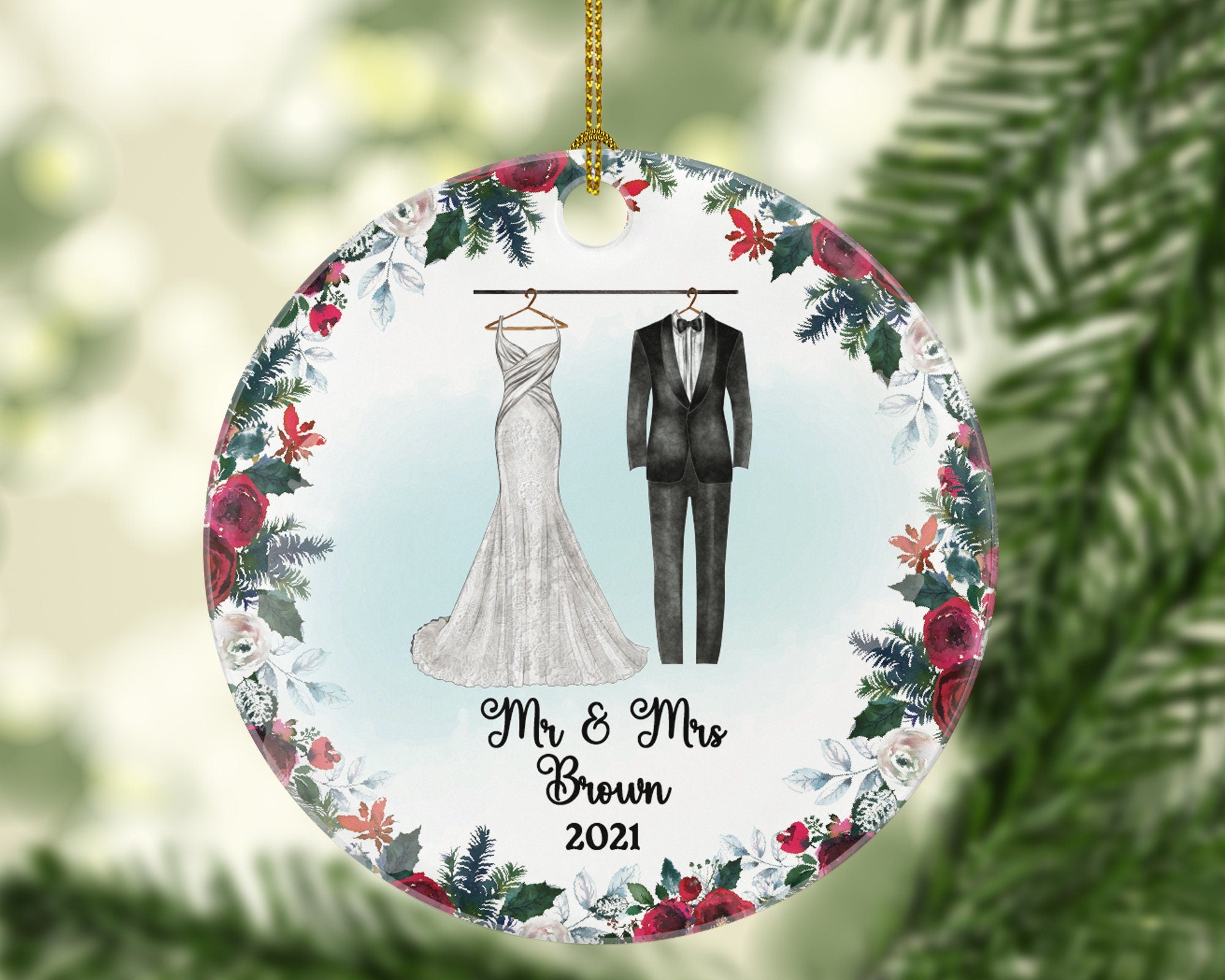 Mr & Mrs Wedding Gown Personalized Ornament - Just Married Newlywed Custom First Christmas as Mr. and Mrs. Marriage - Bride Groom Dress