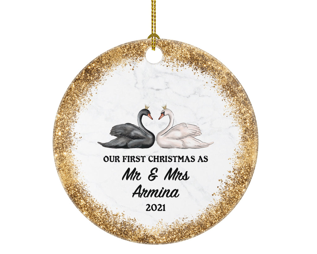 Our First Christmas as Mr & Mrs Married Couple Christmas Ornament Personalized - Newlywed Mr. and Mrs. Gift - Swans - Custom Family Name