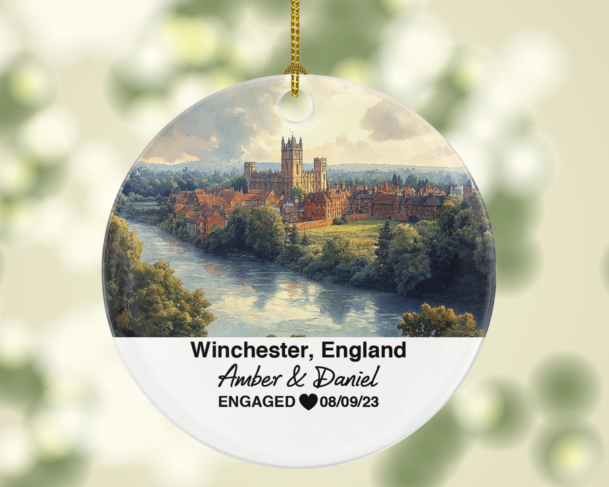 Winchester England Ceramic Christmas Ornament – Personalized United Kingdom Keepsake, Custom Couple Gift for Wedding or Honeymoon