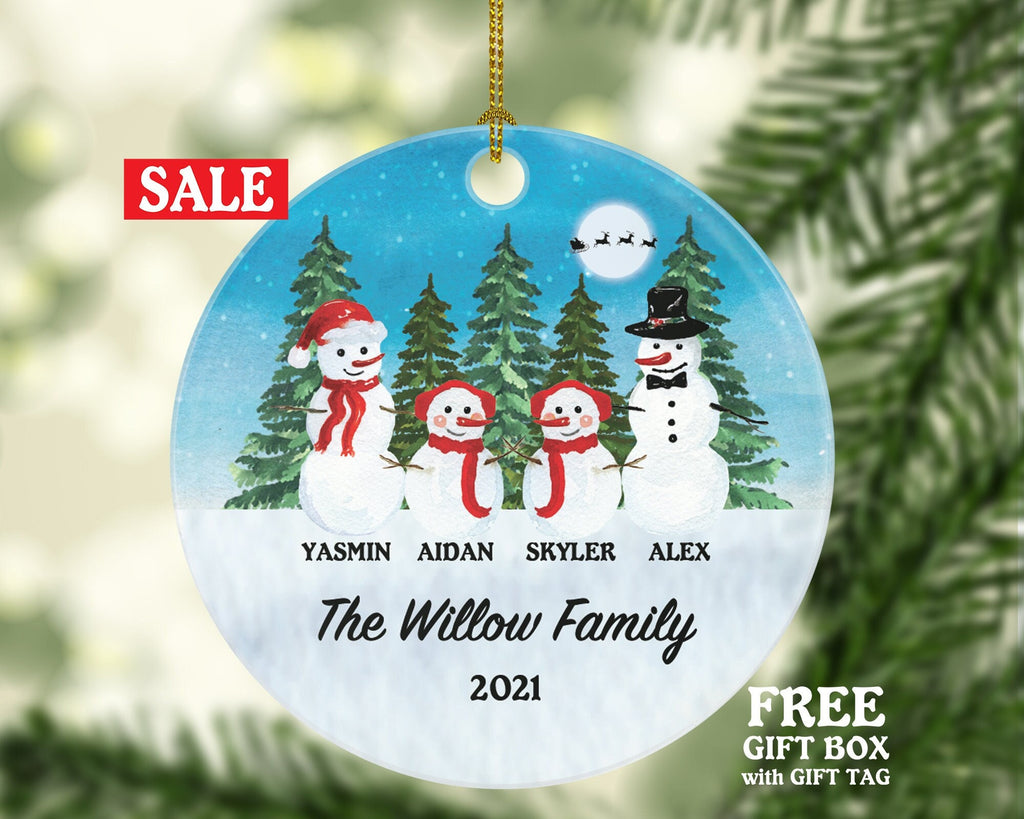 Snowmen Family of 4 Personalized Ornament - First Christmas New Baby Girl Boy Parents Mother Father Mom Dad Gift Kid Child Gift