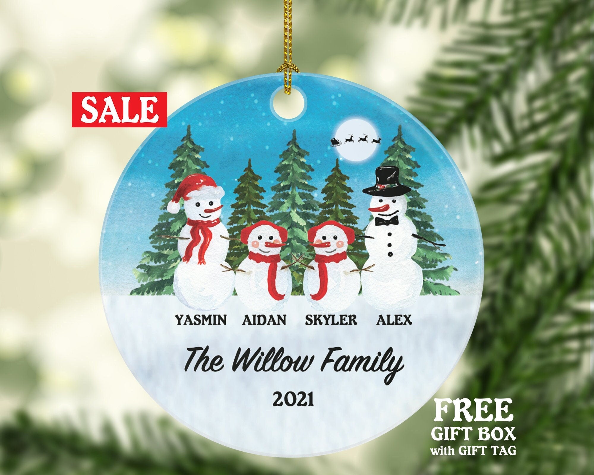 Snowmen Family of 4 Personalized Ornament - First Christmas New Baby Girl Boy Parents Mother Father Mom Dad Gift Kid Child Gift
