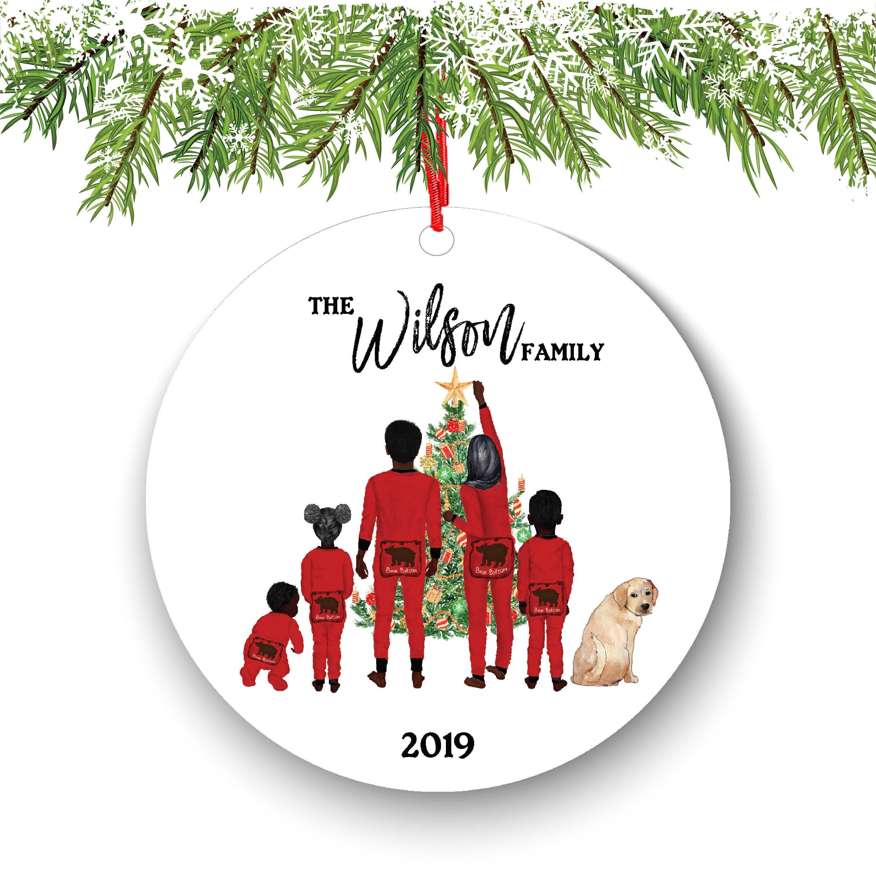 Custom Family Christmas Ornament - Red Pajamas with Pets