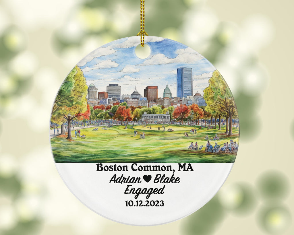 Boston Common MA Christmas Ornament Personalized - Engaged Married Family Together Couple Travel Honeymoon Wedding Engagement Marriage