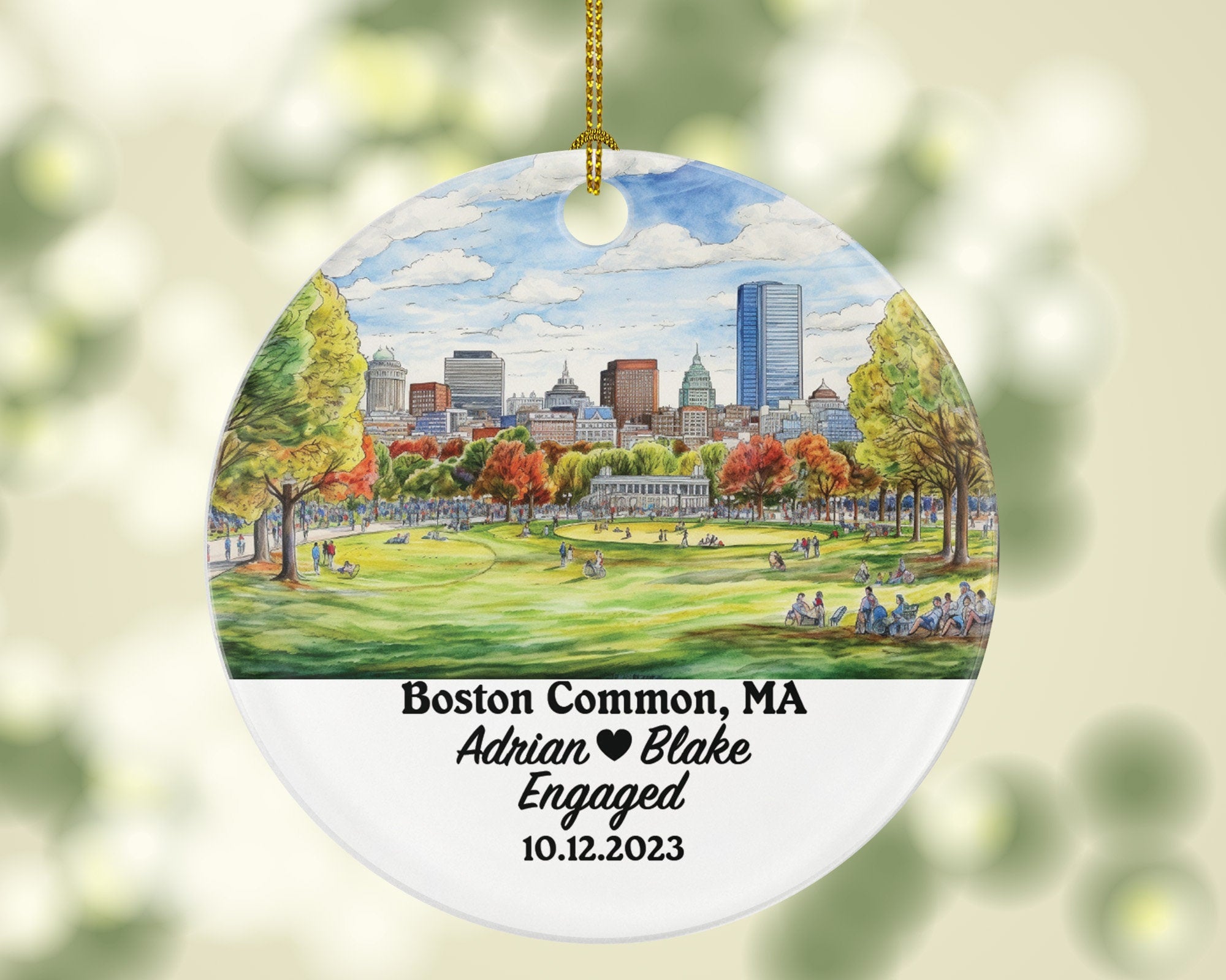 Boston Common MA Christmas Ornament Personalized - Engaged Married Family Together Couple Travel Honeymoon Wedding Engagement Marriage