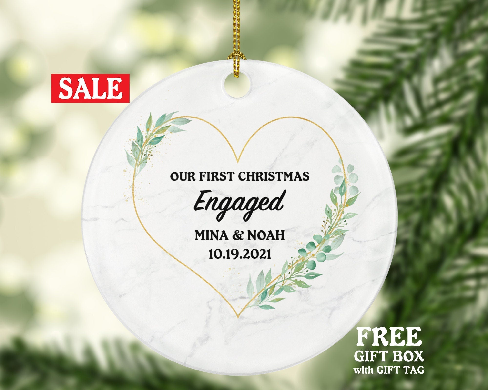 First Christmas Engaged Personalized Ornament - Engagement Announcement Couple Gift - Greenery Heart