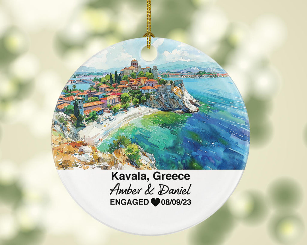 Kavala Greece Round Ceramic Christmas Ornament – Personalized Holiday Keepsake, Custom Couple Gift for Wedding or Honeymoon