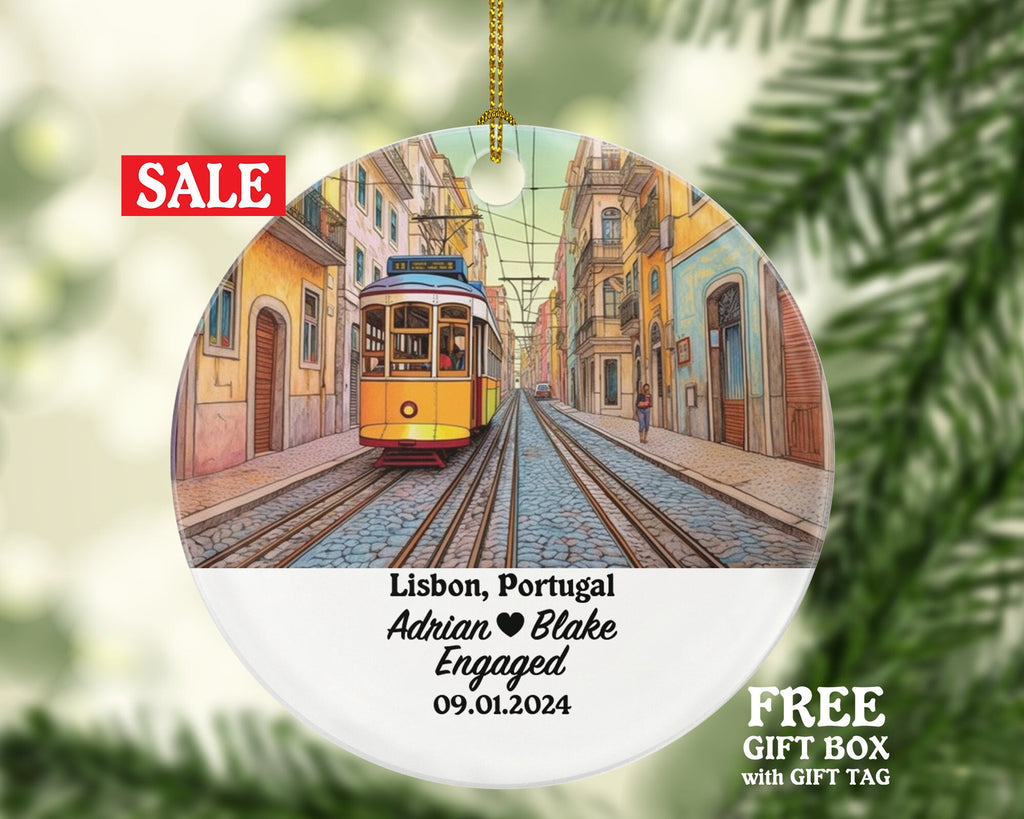 Lisbon Christmas Ornament Personalized - Portugal Engaged Married Family Together Couple Travel Honeymoon Engagement Marriage