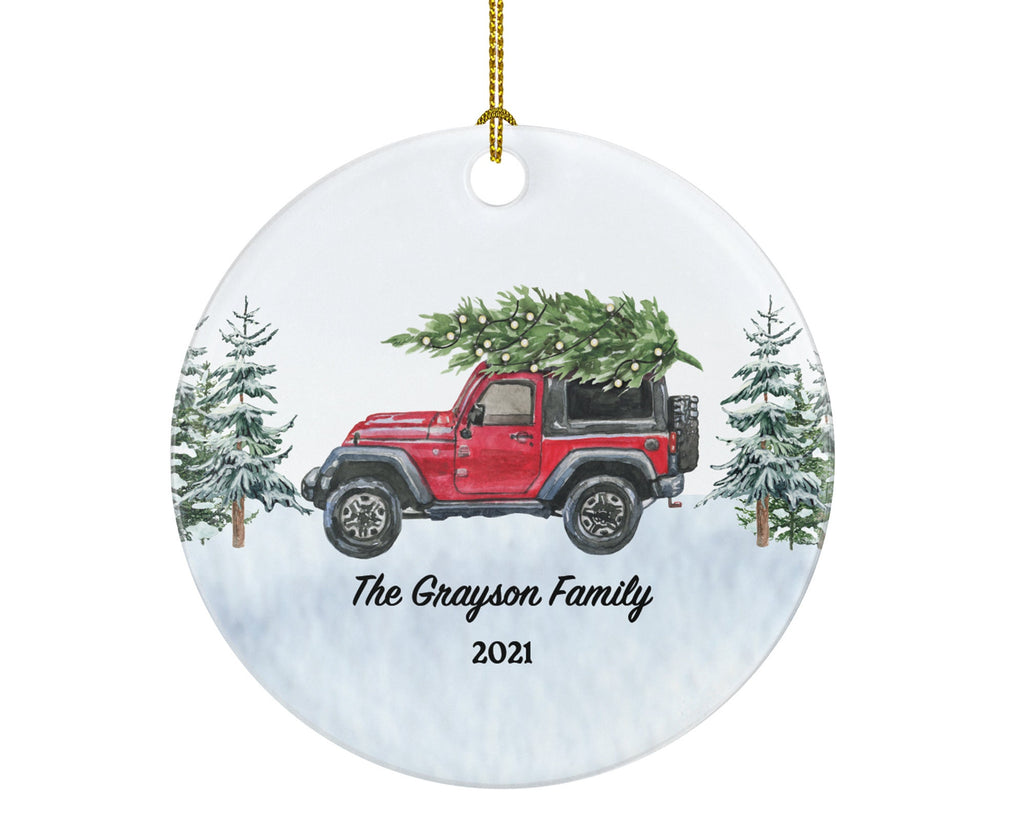SUV Car Truck Ornament - Family Road Trip Red Jeep Personalized Ornament With Tree Car Custom Name and Date Holiday