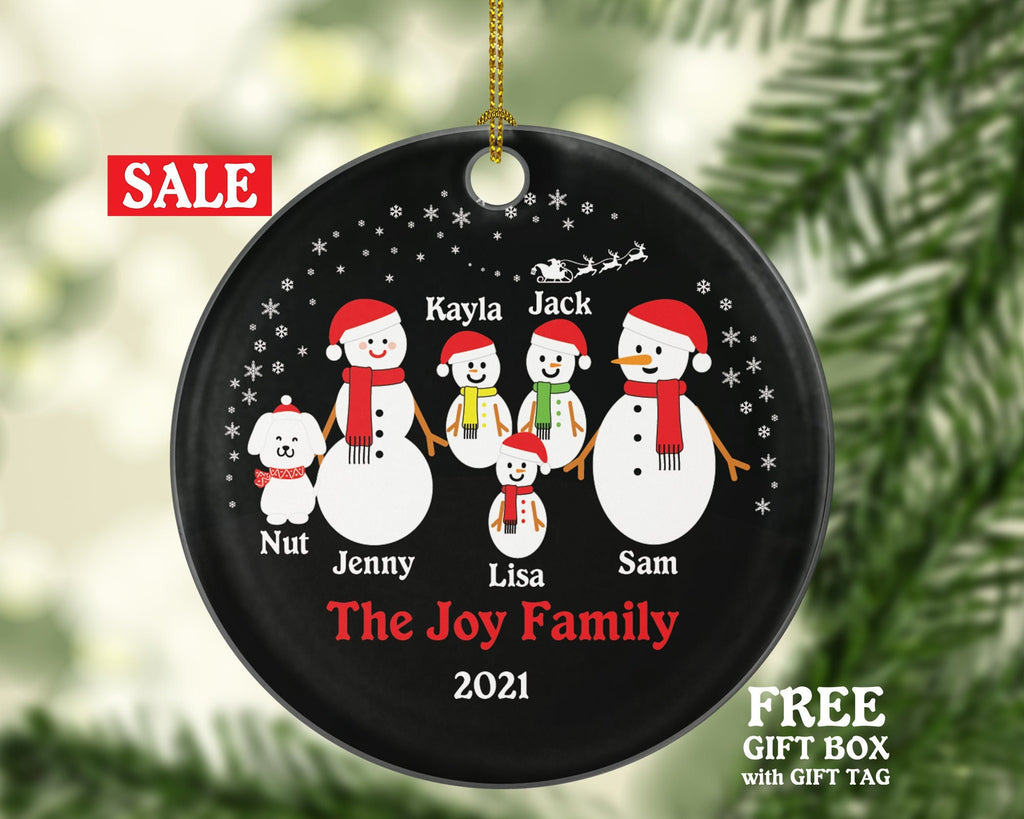 Family of 5 Personalized Christmas Tree Ornament with Dog Pet Fur Family Owner Lover, Family of 5 Five Snowmen Snowman Big Name Year Present