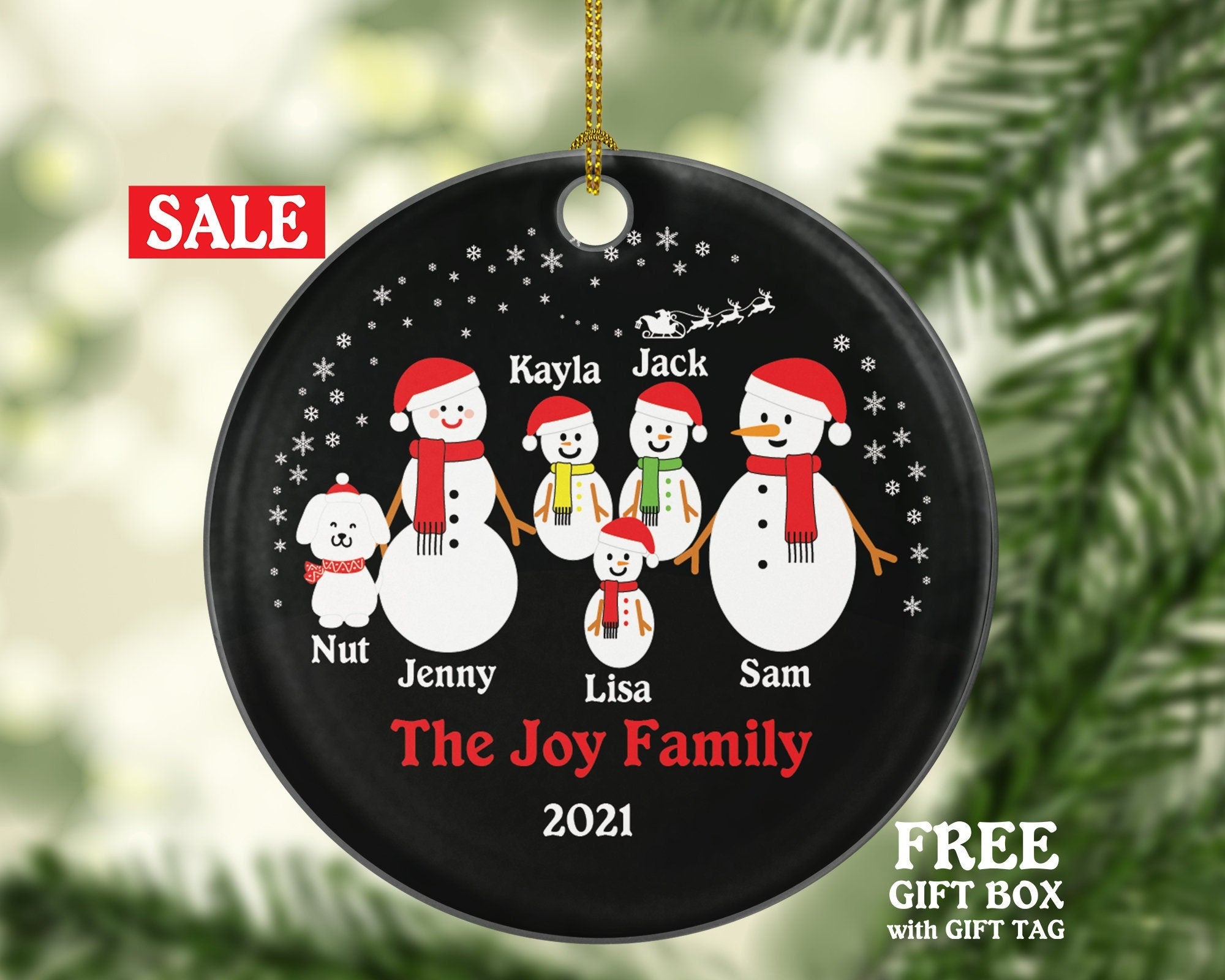 Family of 5 Personalized Christmas Tree Ornament with Dog Pet Fur Family Owner Lover, Family of 5 Five Snowmen Snowman Big Name Year Present
