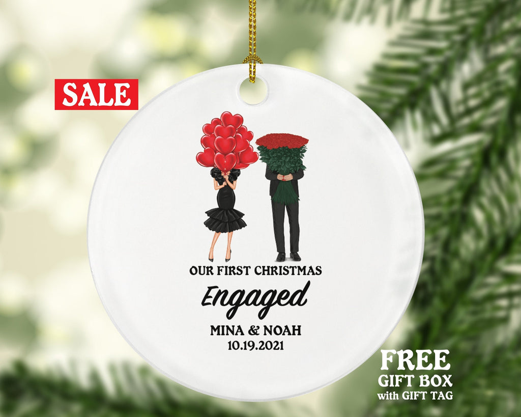 Our First Christmas Engaged Personalized Ornament - Engagement Announcement Couple Gift - Roses and Hearts