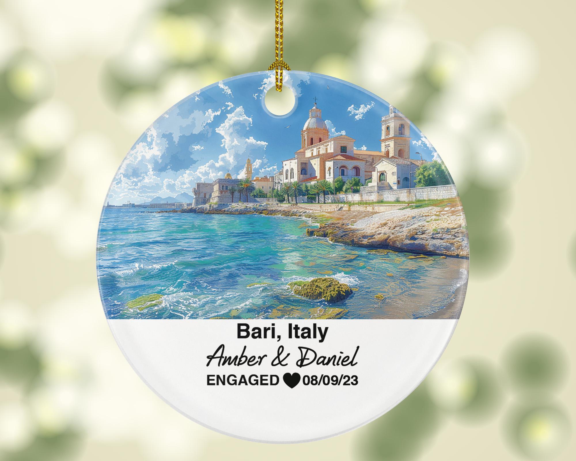 Personalized Bari Italy Christmas Ornament, Norman Castle, Mr & Mrs Wedding, Engagement, or Honeymoon Keepsake for Couples