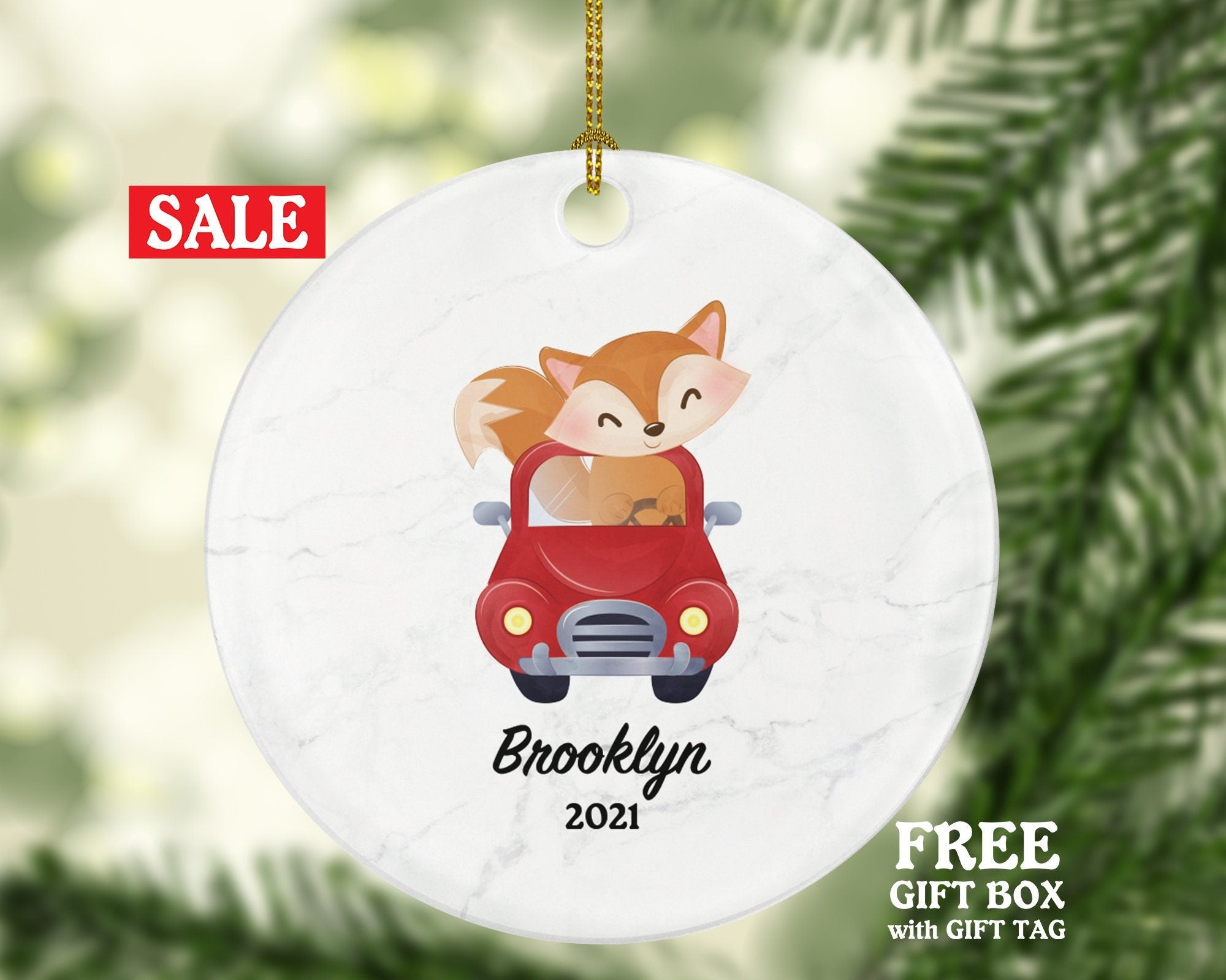 Kid Fox in Car Christmas Ornament Personalized - Toddler Car Custom Name and Year