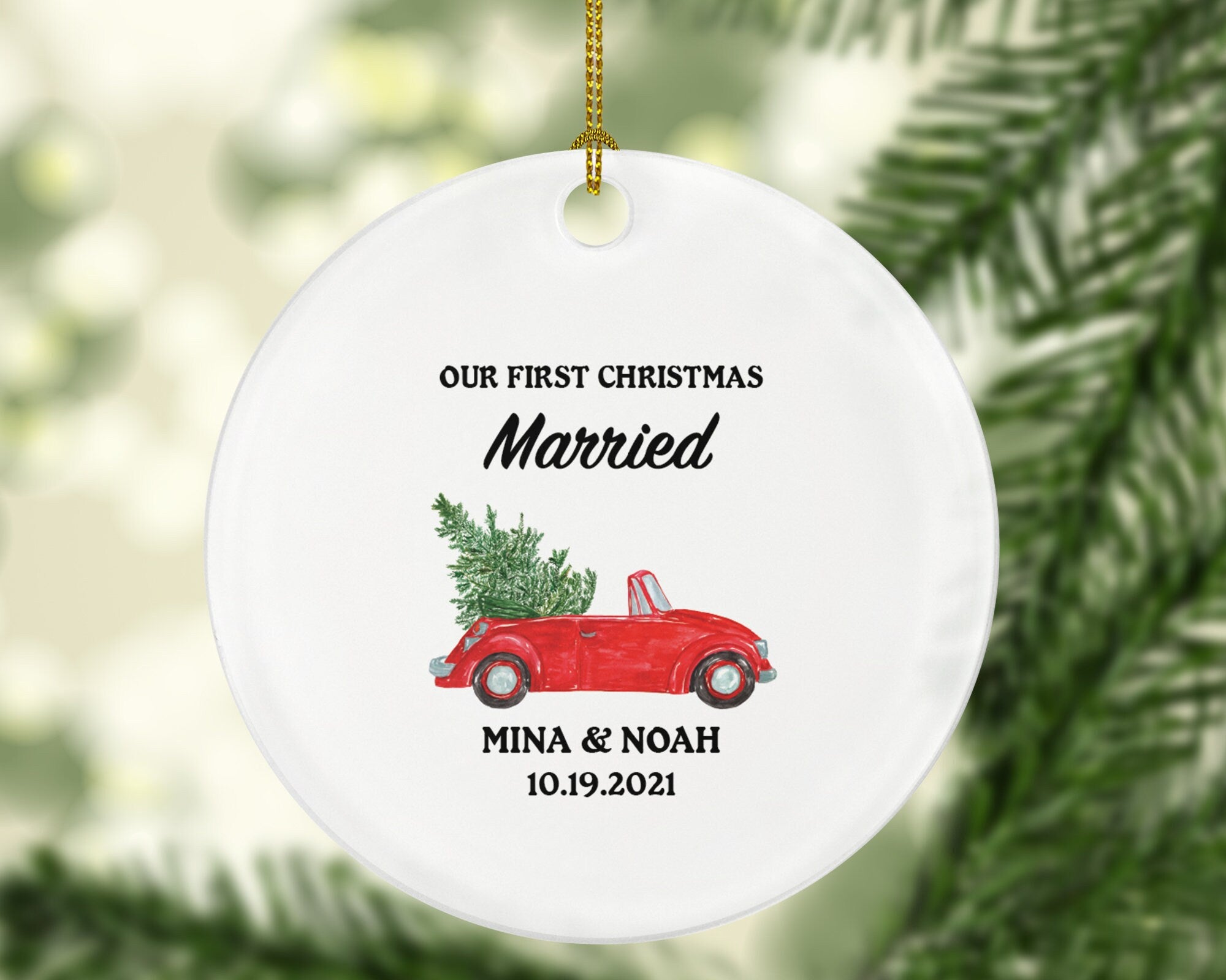 First Christmas Married Christmas Ornament - Personalized As Mr & Mrs Newlywed Wedding First Gift for Wedding Convertible Red Car Ornament